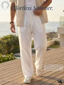 Vibe404 Men's Premium Linen Blend Wide Leg Pants - Casual Loose Fit Flowy Drawstring Trousers, Breathable Lightweight Beach Vacation Resort Wear, Old Money Aesthetic Summer Baggy Bottoms