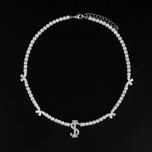 Luxury Dollar Sign CZ Tennis Necklace for Women, Sparkly Silver Choker Chain with Butterfly Detail, Bold Hip Hop Statement Jewelry, Trendy Party Gift Accessory
