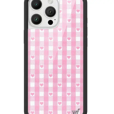 Wildflower Cases Limited Edition Custom Pink Gingham Heart Smartphone Case, Raised Black Protective Bumper, Pink & White Patchwork Plaid, Handheld Cellphone Protection, Women's Owned Small Business Gift for Her