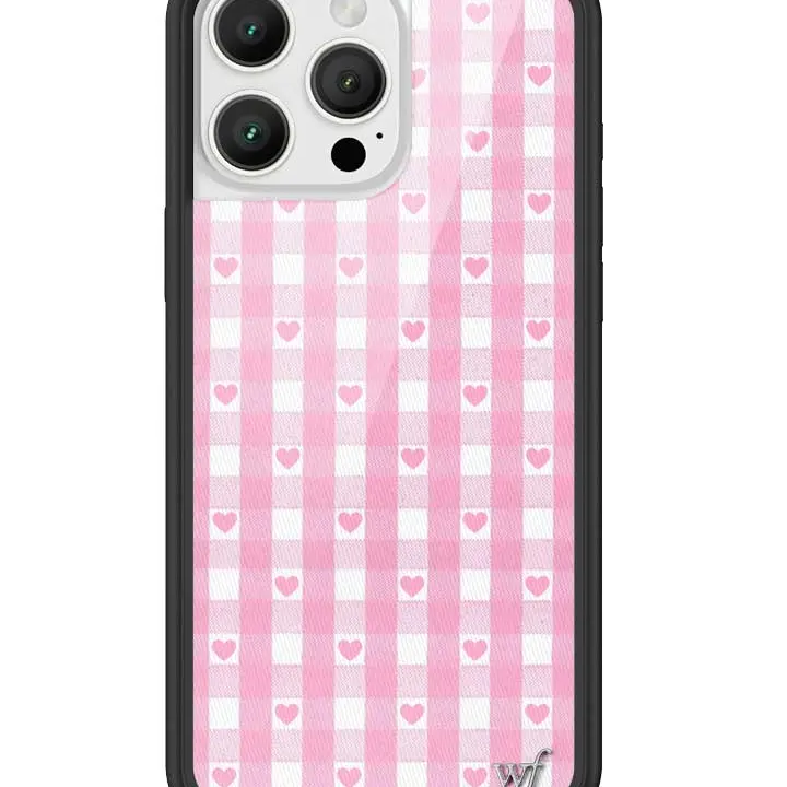 Wildflower Cases Limited Edition Custom Pink Gingham Heart Smartphone Case, Raised Black Protective Bumper, Pink & White Patchwork Plaid, Handheld Cellphone Protection, Women's Owned Small Business Gift for Her