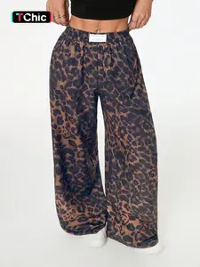 Women's Leopard Print Wide Leg Pants, High Waist Elastic Waist Loose Fit Street Style Long Pants, Fashionable Casual Wear, Casual Street Trousers, Casual Lounge Pant