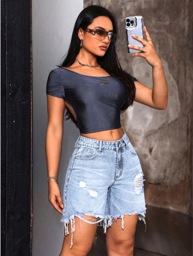 Women's Pocket Ripped Frayed Hem Casual Denim Shorts Womenswear Bottom