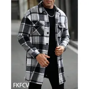 Men's Button Front Long Sleeve Shirt, Two-Tone Plaid Design, Extended Length with Dual Pockets, Spring & Fall FashionGift