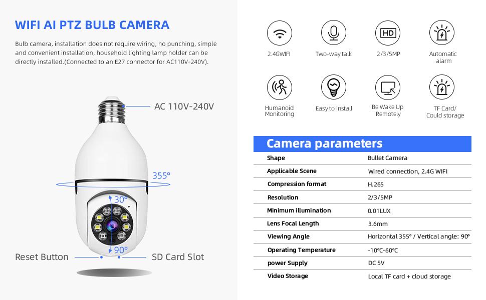 NOAHTECH Bulb Security Camera Wifi 3MP Panoramic Camera with Alexa & 2-Way Audio for Indoor Outdoor - Easy Installation WiFi Home