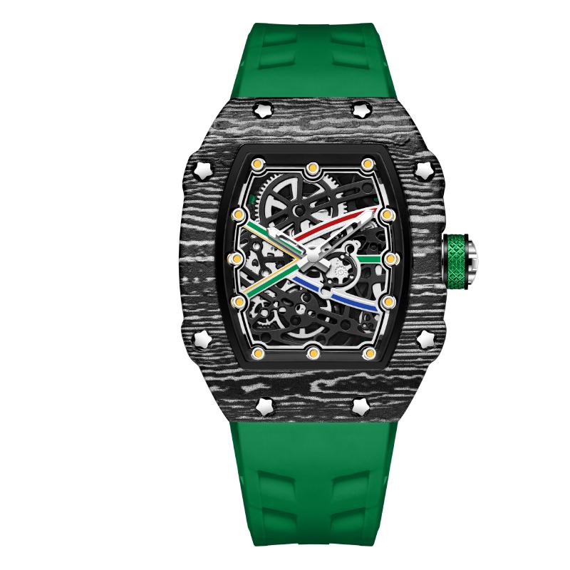 Fashion Skeleton Quartz Watch for Men, Carbon Fiber Design, Red Silicone Band, Perfect for Daily & Sports