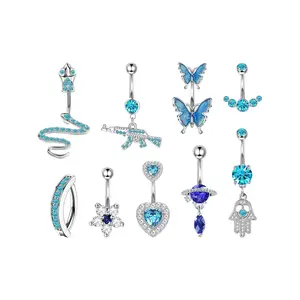 9 Pieces Belly Button Rings, 316L Surgical Stainless Steel, 14G, Cute Pink Cubic Zirconia (CZ) Dangle Belly Rings, Curved Navel Rings, Barbell Body Piercing Set — Body Piercing Jewelry for Women