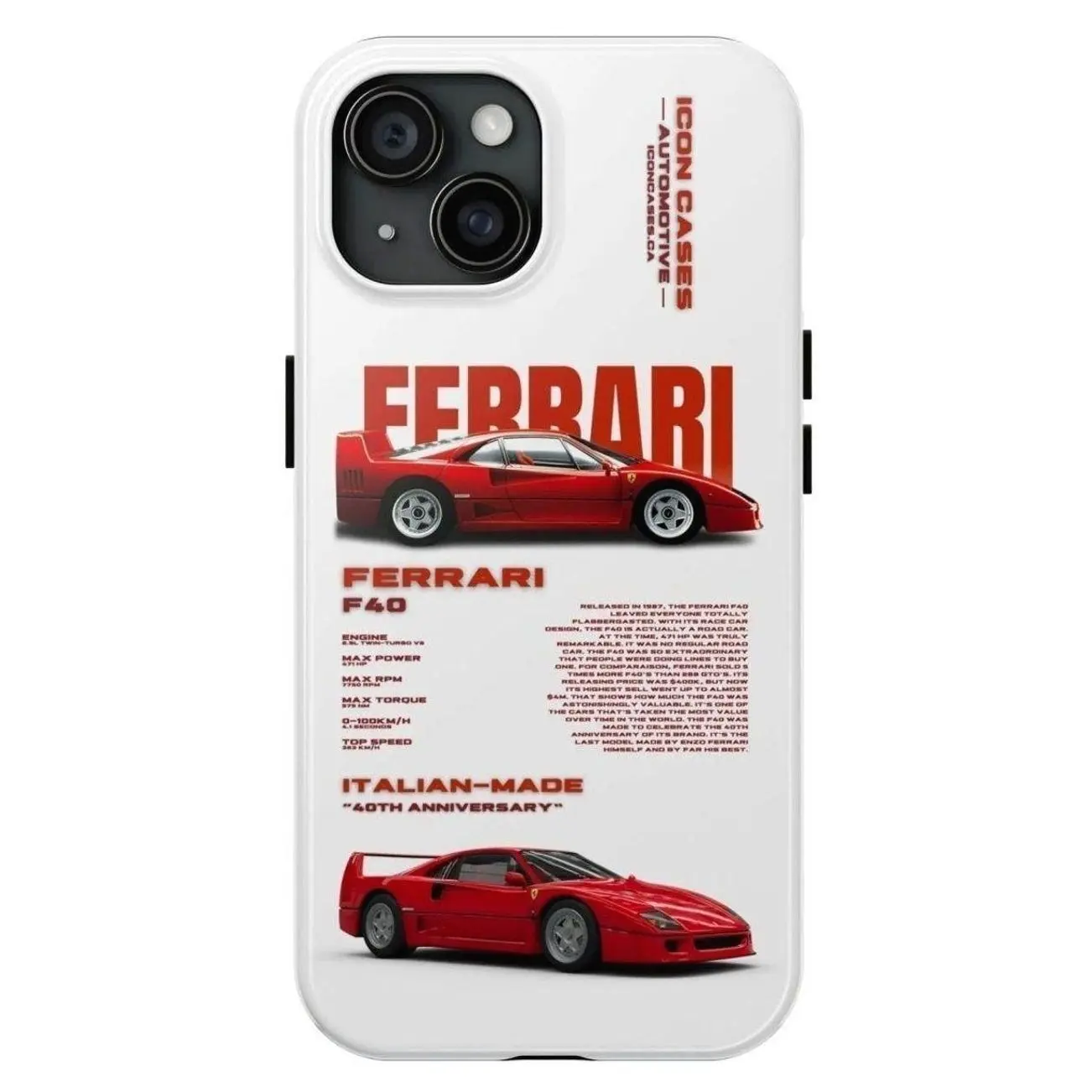 Ferrari F40 40th Anniversary iPhone Case, Classic Italian Supercar Graphic Protective Cover for iPhone 17–8 Plus