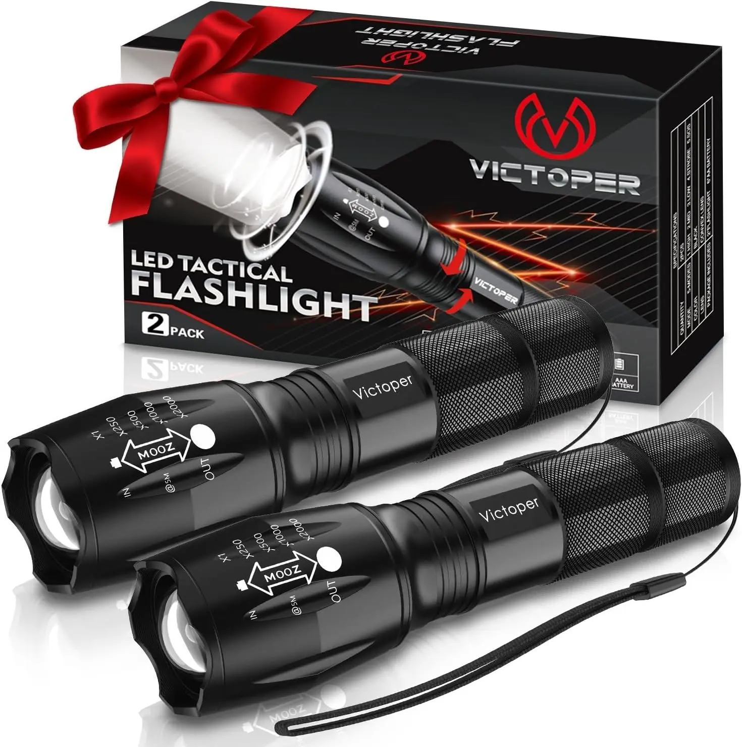 Victoper LED Flashlight 2 Pack, Bright Tactical Torch High Lumens 5 Modes, Waterproof Zoomable Flash Light for Outdoor, Birthday Gifts for Men, Dorm Room Hiking Camping Essentials Gear for Guys