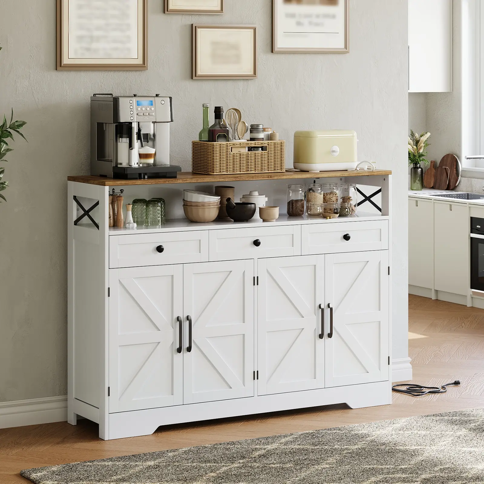 51" Farmhouse Buffet Cabinet with Charging Station & Open Storage Shelf, Kitchen Hutch Pantry Sideboard Coffee Bar Station with 4 Sliding Barn Doors & 3 Drawers for Kitchen, Dining Room