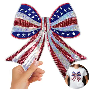 CY Large 10" American Flag Bow Sequin Iron On Patch Patriotic USA Embroidered Applique DIY Accessories for Hats Jeans Jackets Bags