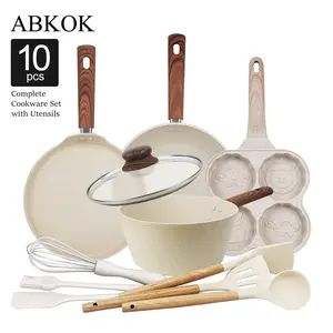 Abkok 10-Piece Granite Cookware Set, Nonstick Cookware Set, Non-Stick Skillets & Griddles, Includes Egg Fryer & Crepe Pan, Perfect for Breakfast & Daily Cooking
