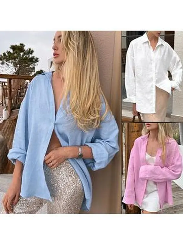 Women’s Loose Fit Button Down Shirt Long Sleeve Oversized Casual Blouse Beach Cover Up