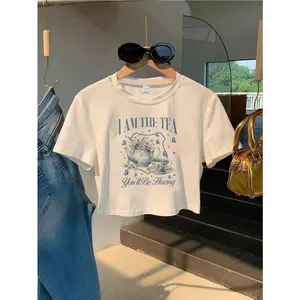 Womens Cotton Crop Top Short Sleeve Graphic Tee Vintage Tea Party Print Soft Breathable Summer Top For Casual Streetwear Brunch Coffee Runs And Weekend Outfits