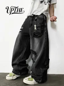 UP.THE Men's Baggy Wide Leg Denim Jeans, Distressed Ripped Washed Black, Y2K Oversized Skater Style with Raw Hem, Casual Streetwear Menswear Vibe Wide Leg
