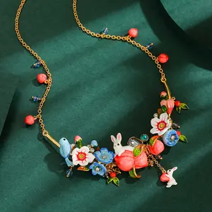 Luxury Thick Gold Plated Enamel Flower Necklace, Multicolor Dopamine Peach Blossom Pendant with 3D Rabbit & Bluebird, Artistic Garden Jewelry, Nature Inspired Harmony Lockbone Chain, Cute & Elegant Statement Necklace for Women, Handmade Fine Jewelry Gift