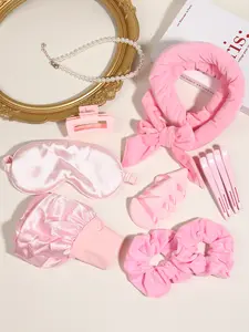14pcs pink curling hair band hair clip sweet and cute, with the same style hair clip and hair band, sleep soft eye mask and satin nightcap, for hair style and matching set, women's set