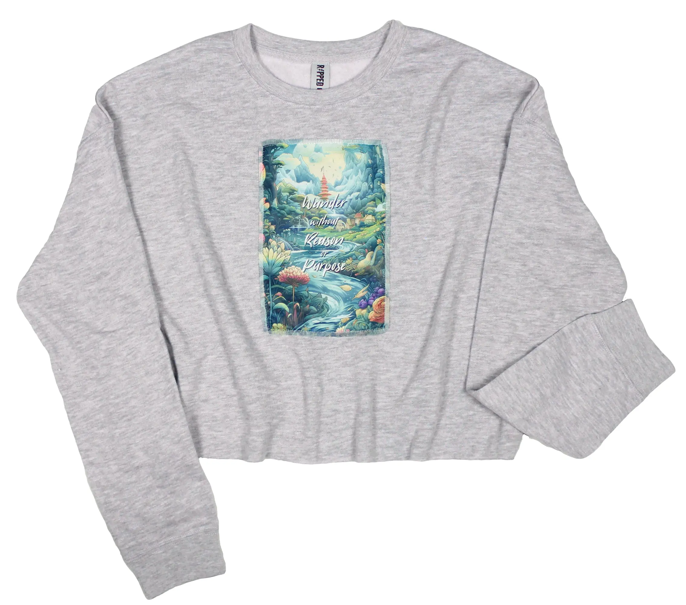 Women's Casual Cotton Fleece Ripped Rags Graphic Round Neck Fantasy River Patch Cropped Pullover Sweatshirt - Athletic Grey, Blush, Sage