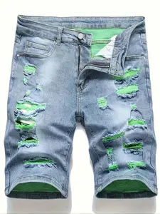 Men's Regular Fit Denim-effect Print Shorts, Casual Fashion Ripped Jeans Shorts for Summer, Men's Bottoms for Daily Wear, Ripped Pocket Jeans, Distressed Jeans Shorts