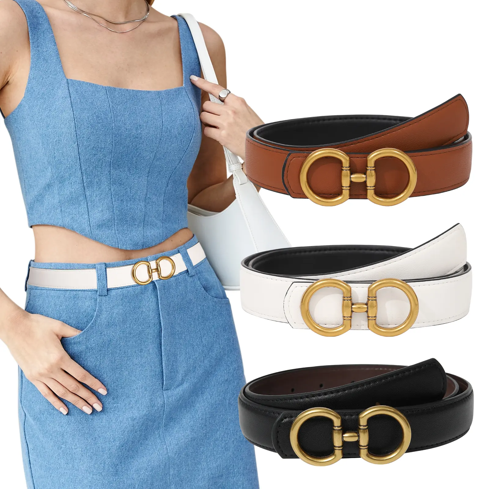 AWAYTR Women's Female 2-in-1 Reversible Skinny Leather Belt with 9 Holes Horseshoe Buckle - Casual Jeans Belt, Birthday/Mother's Day Gift (TikTokShopBlackFriday, Summerwins)