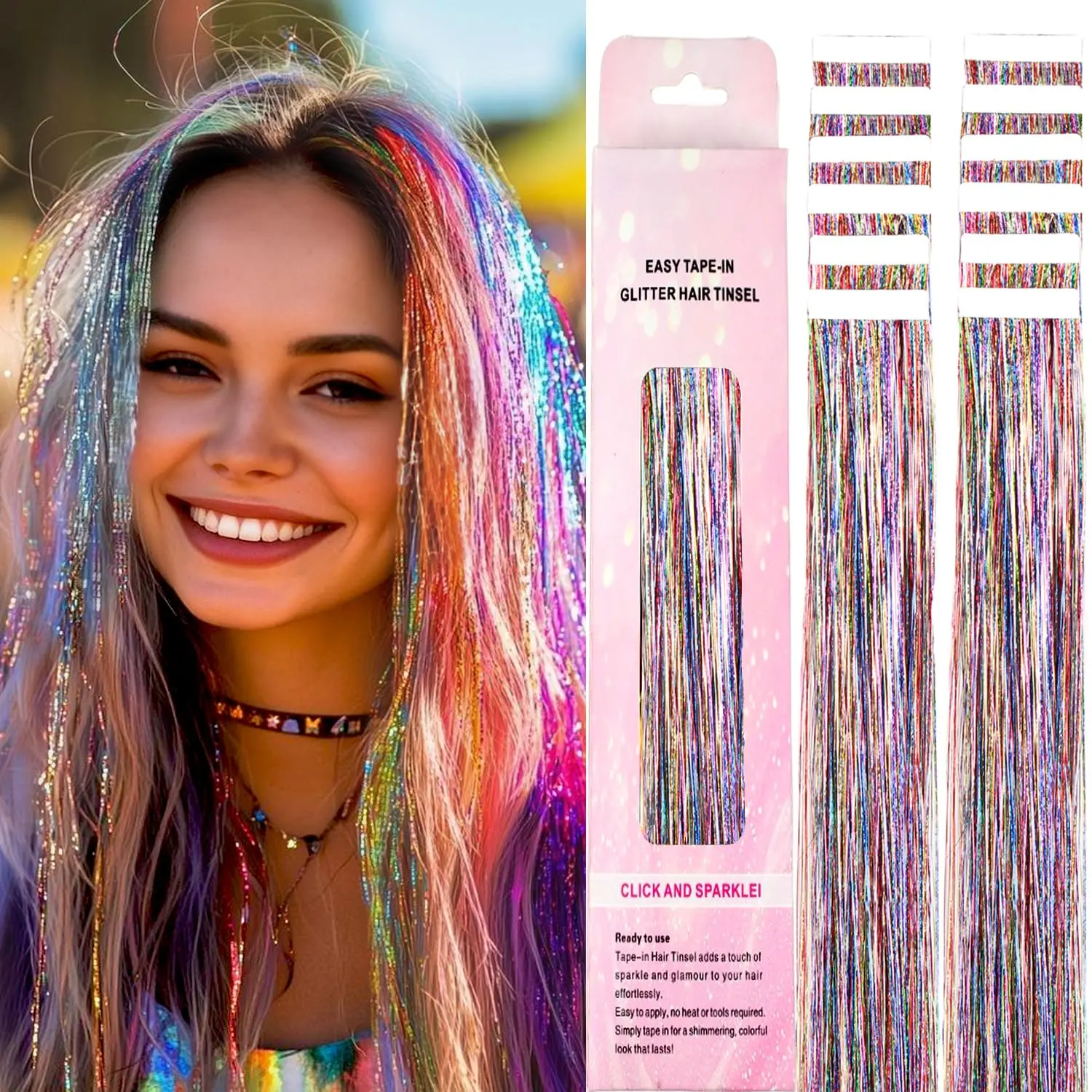 Hair Tinsel Tape In Extensions 12 Sparkly Heat Resistant Glitter Fairy Accessories 22 Inch Long Party Festival Colored For Women (rainbow)
