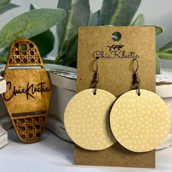Boho Yellow Polkadot Sublimated Wooden Earrings - casual, bridesmaids, rustic - Fashion Accessory dangle