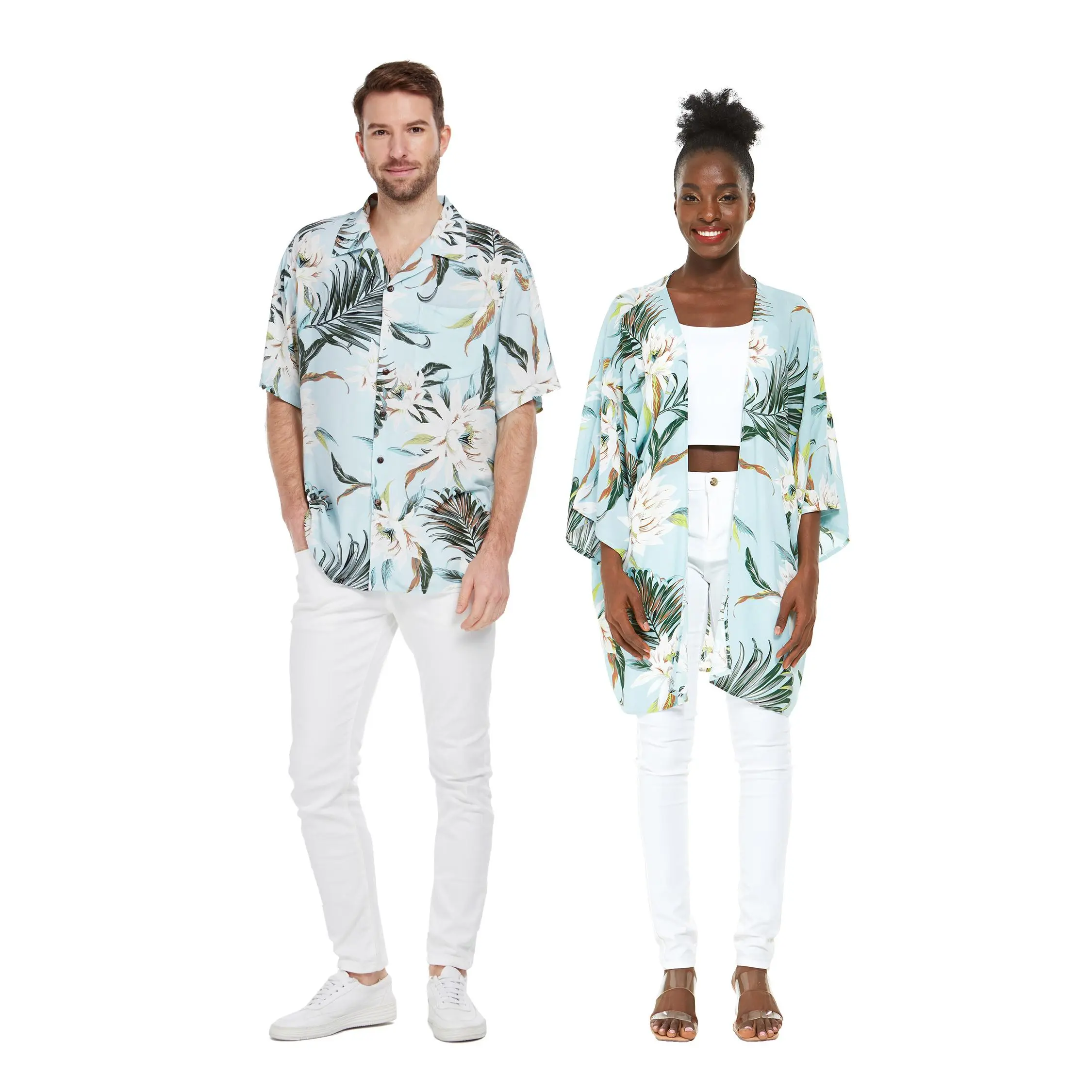 Matchable Couple Hawaiian Luau Shirt or Kimono in Wispy Cereus Light Blue