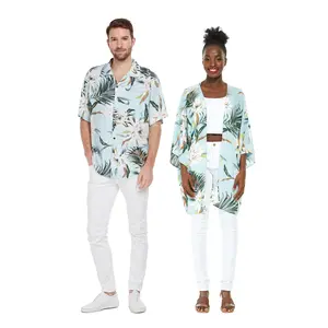 Matchable Couple Hawaiian Luau Shirt or Kimono in Wispy Cereus Light Blue