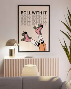 Rollerskates poster retro wall print, Roll with it quote, Gift for roller lovers, Old school posters, Funky wall art, Pastel pink, Printable