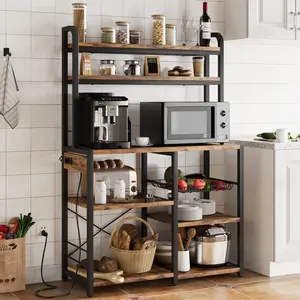 Bakers Rack with Power Outlet, Coffee Bar with Wire Drawer, Industrial Microwave Stand, Kitchen Buffet Table with Large Storage, 6-Tier Kitchen Storage Rack with Hutch