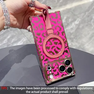 Leopard Print Right-Angle Square Magnetic Ring Bracket Phone Case, compatible with iPhone 17 Pro Max, 16 Pro, 15 Plus, 14, 13 Air. Shockproof protective cover with durable and stylish design, perfectly suited for daily use Accessories