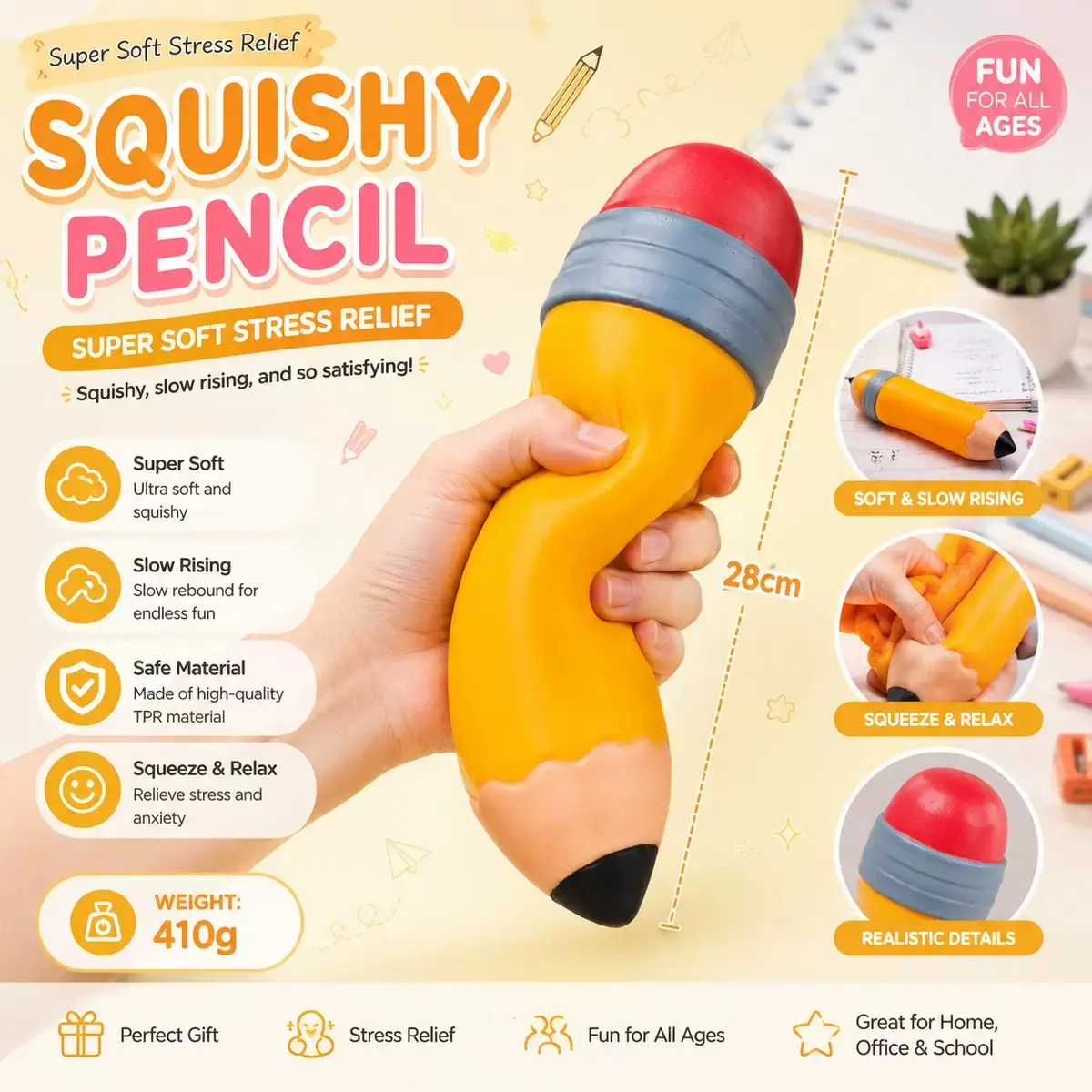 super big Novelty Oversized Pencil Squishy  Slow Rising Soft Squeeze Fidget Play Toy