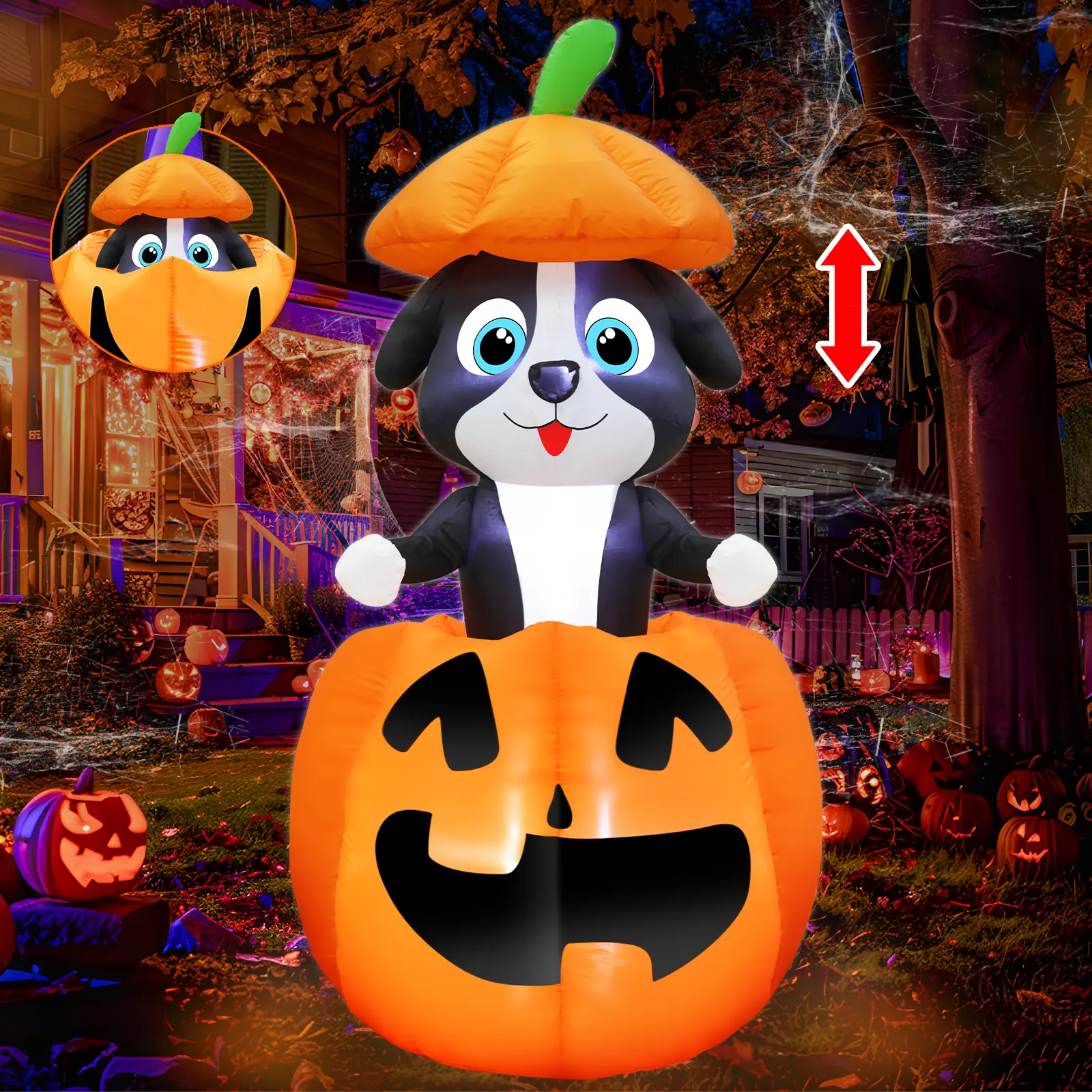5 FT Halloween Inflatables Animated Dog On Pumpkin with Built-in LEDs, Blow Up Halloween Decorations for Indoor Outdoor Yard Lawn Garden Holiday Party