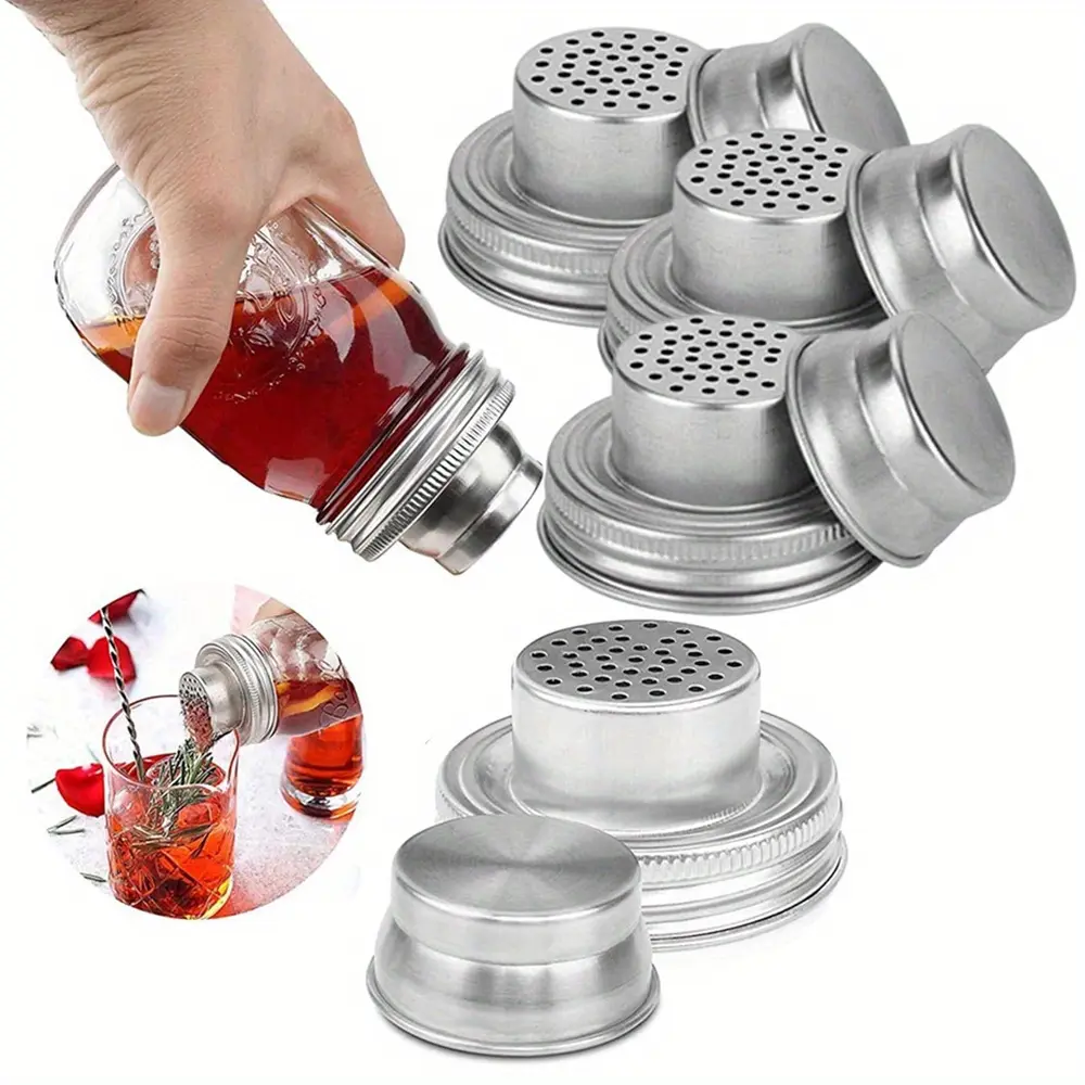 [4Pcs Universal Shaker Lids Stainless] Universal Mason Jar Shaker Lids with Silicone Seals for Dredge Flour Mix Spices Sugar Salt Peppers and Any Regular Mouth Mason Jar Canning Jar Utensils Kitchen
