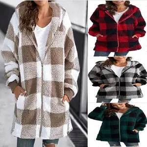Plush Women's Jacket New Long Sleeve Plaid Hooded Zipper Pocket Loose Jacket