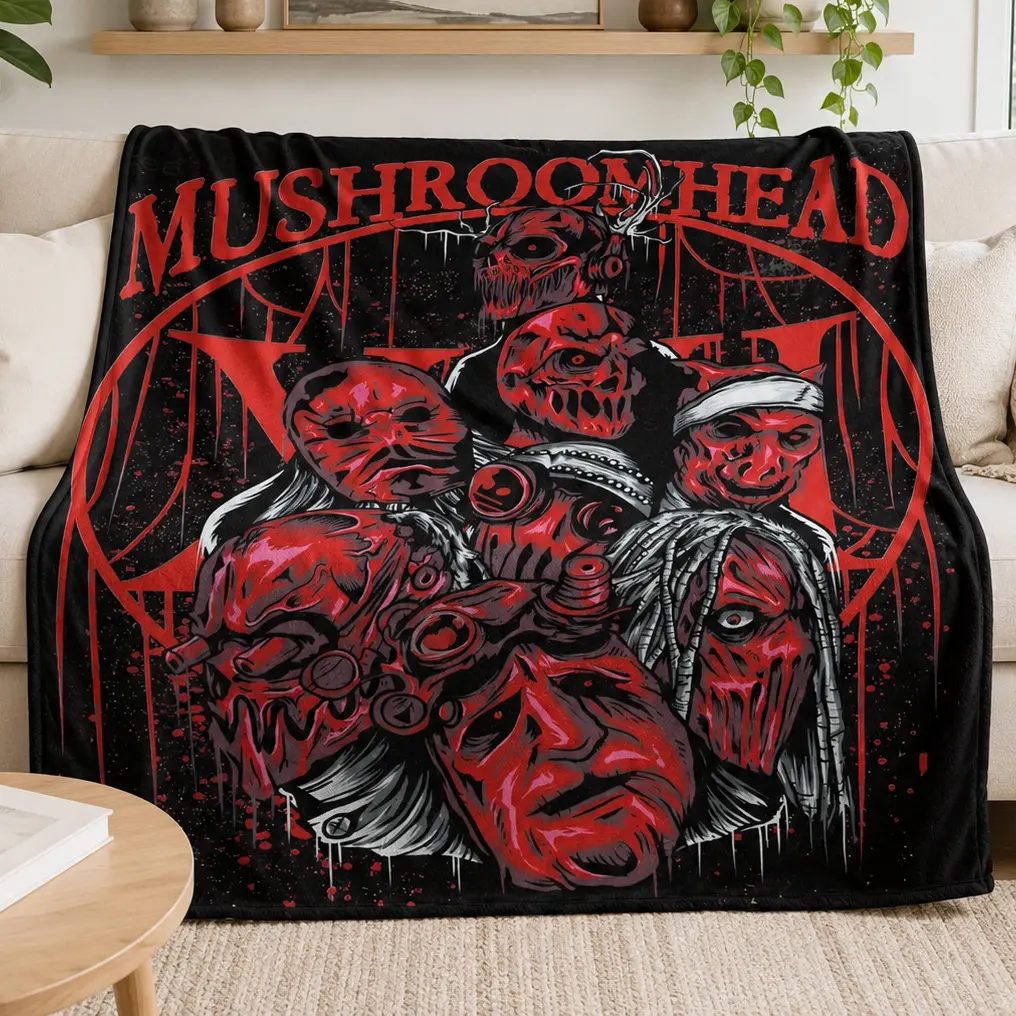 Mushroomhead Heavy Metal Band Fleece Blanket, Scary Gothic Red Mask Print Soft Cozy Plush Throw Blanket for Couch Bed Sofa, Cool Rock Fan Merch Gift