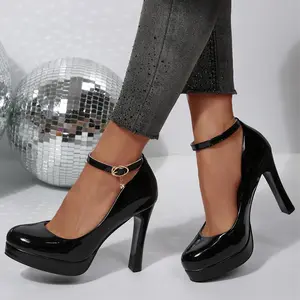 Elegant Women's Ankle Strap Platform Heels Patent Leather Formal Dress Shoes