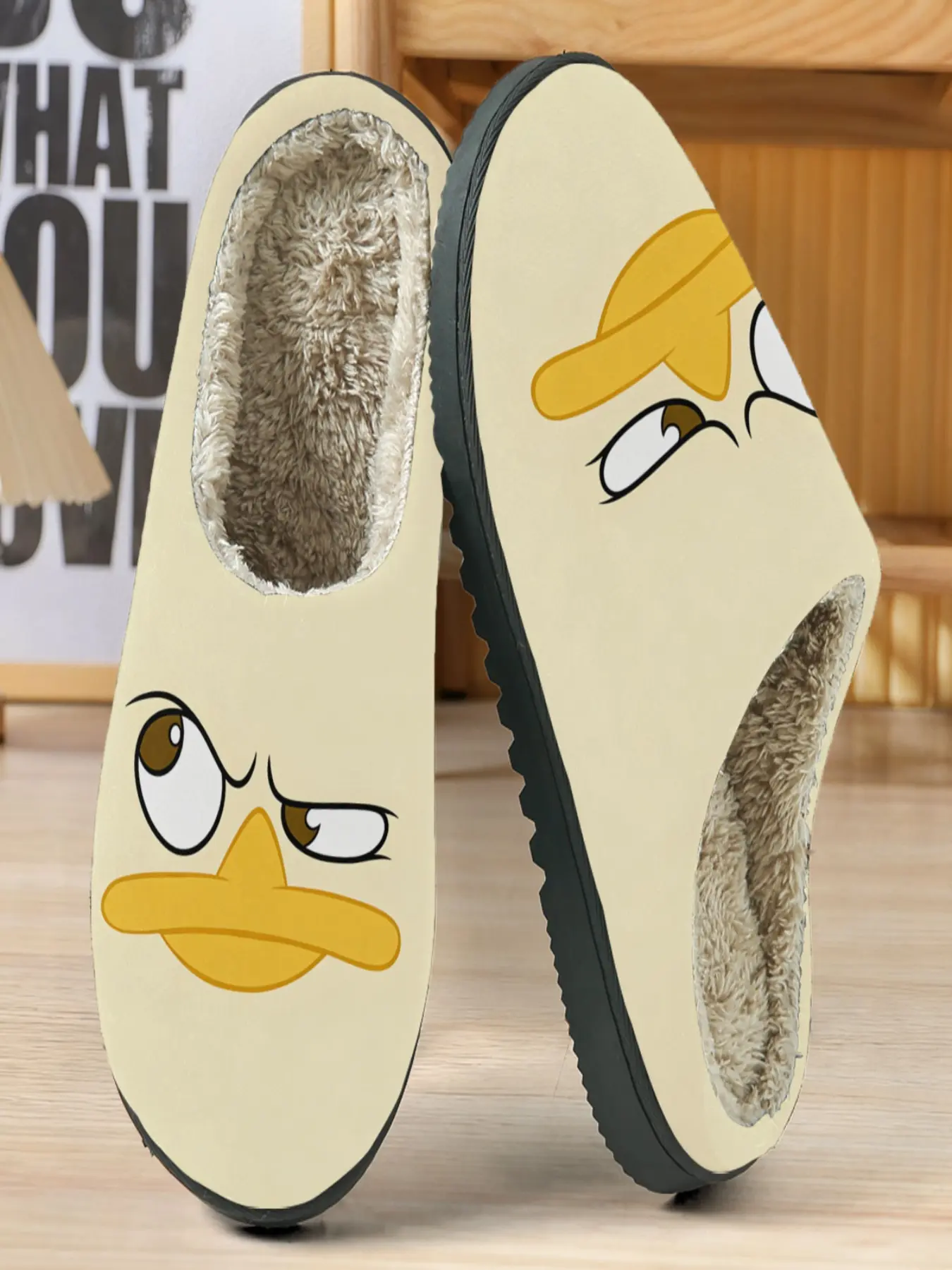 Cute Cartoon Duck Slippers, Soft Plush Lining, Casual Home Footwear, Fun Random Print Design, Fall & Winter Comfort Shoes