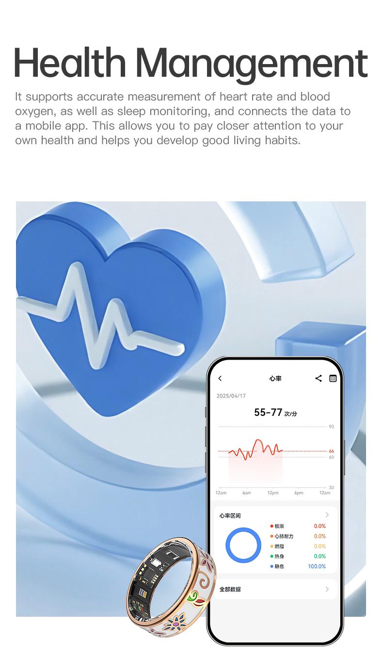 Unisex Smart Ring IP68 Waterproof Enamel Rose Gold Health Tracker Heart Rate Blood Oxygen Sleep Period Monitoring Compatible with iPhone Android
