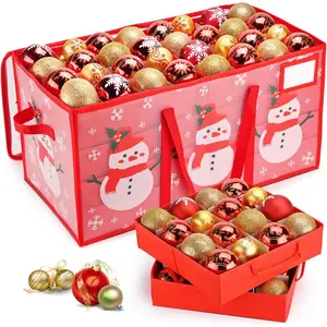 Plastic Christmas Ornament Storage Box with Adjustable Dividers,  Christmas Storage Containers Keep 128 Capacity, Dual Zippers, Ornament Organizer to Store Holiday Decor-Snowman