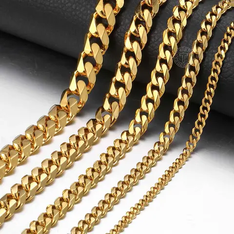 3-11mm Gold Plated Stainless Steel Cuban Curb Chain Necklace for Mens Womens Link Jewelry Chunky Multilayer