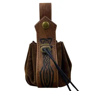 Vintage Medieval Faux Leather Drawstring Pouch, Middle Ages Portable Coin Purse, Rivets Belt Pouch Dice Bag for Larp Ren Faire