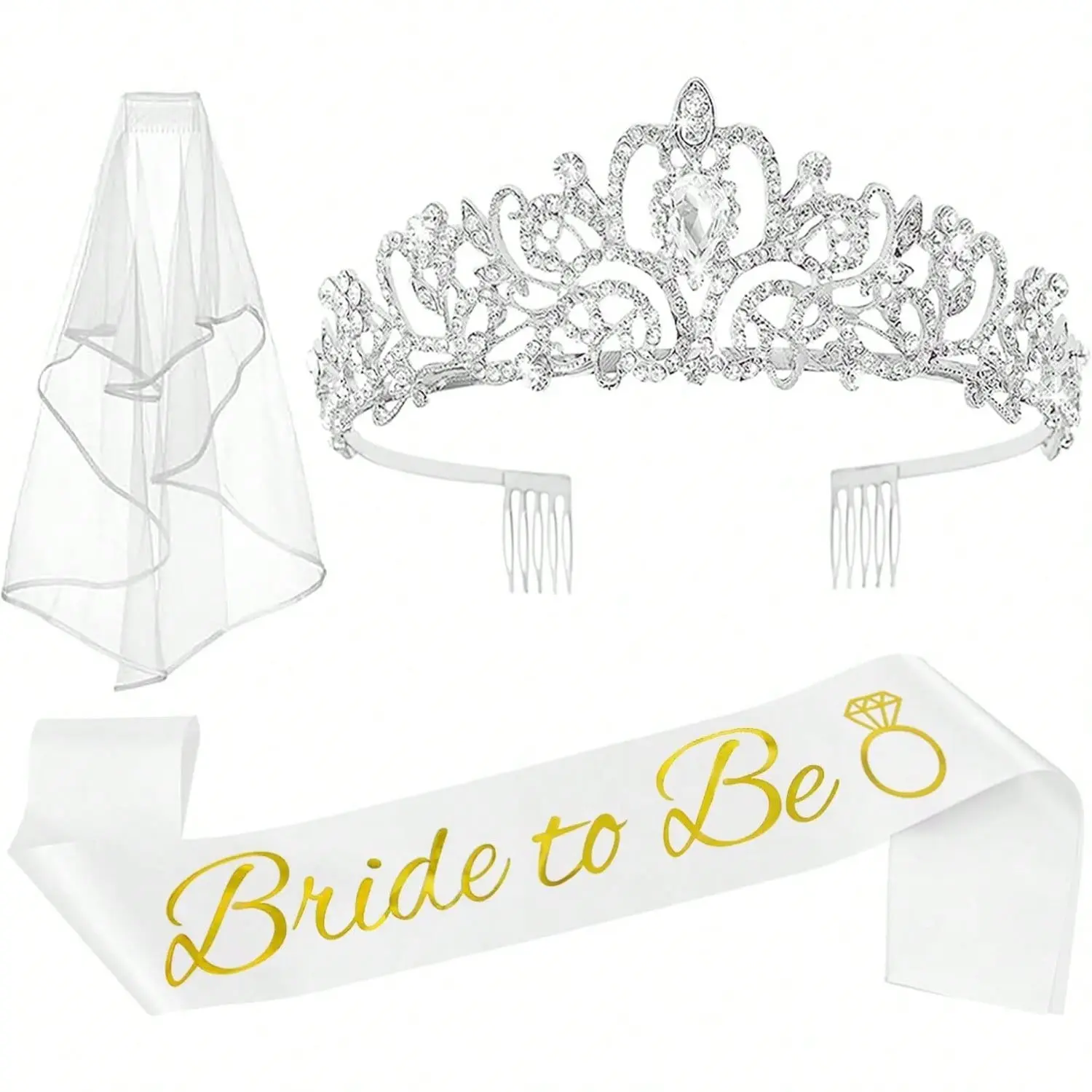 3PCS Bachelorette Party Decor Set, Bride Headpiece, Bridal Sashes, Wedding Hair Accessories, Bridal Accessory, Rose Gold, Perfect for Wedding Photoshoots, Gifts