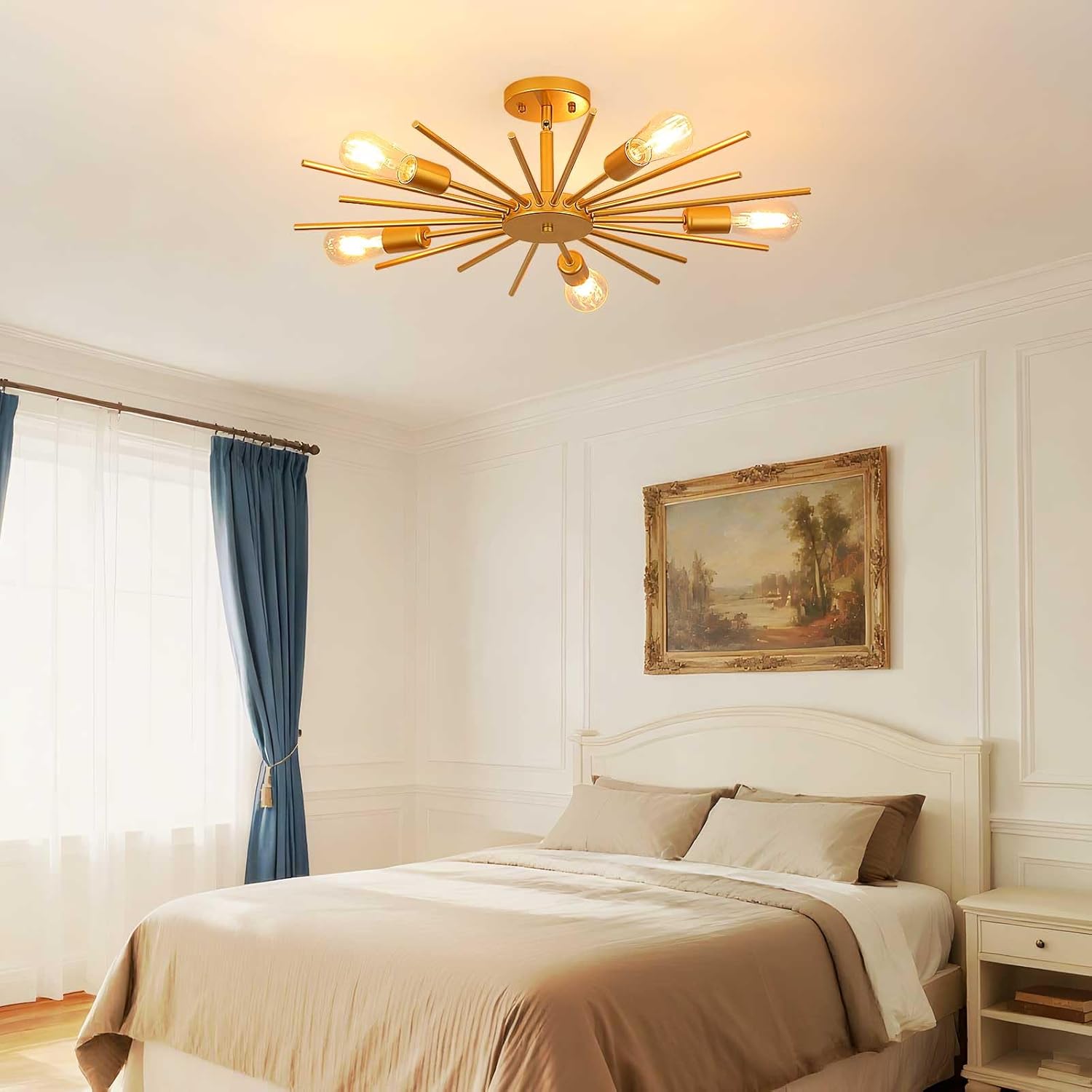 Gold Semi Flush Mount Ceiling Light, 27.5" 5-Light Large Sputnik Modern Mid Century Ceiling Light for Kitchen Entryway Bedroom Living Room