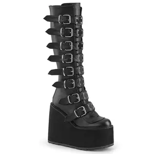 Demonia Swing-815 Women's Round Toe 5.5" Wedge Platform Knee High Boots in Black Vegan Leather with Metal Plate Buckles - Perfect for Punk Style, Concerts and Night Outs