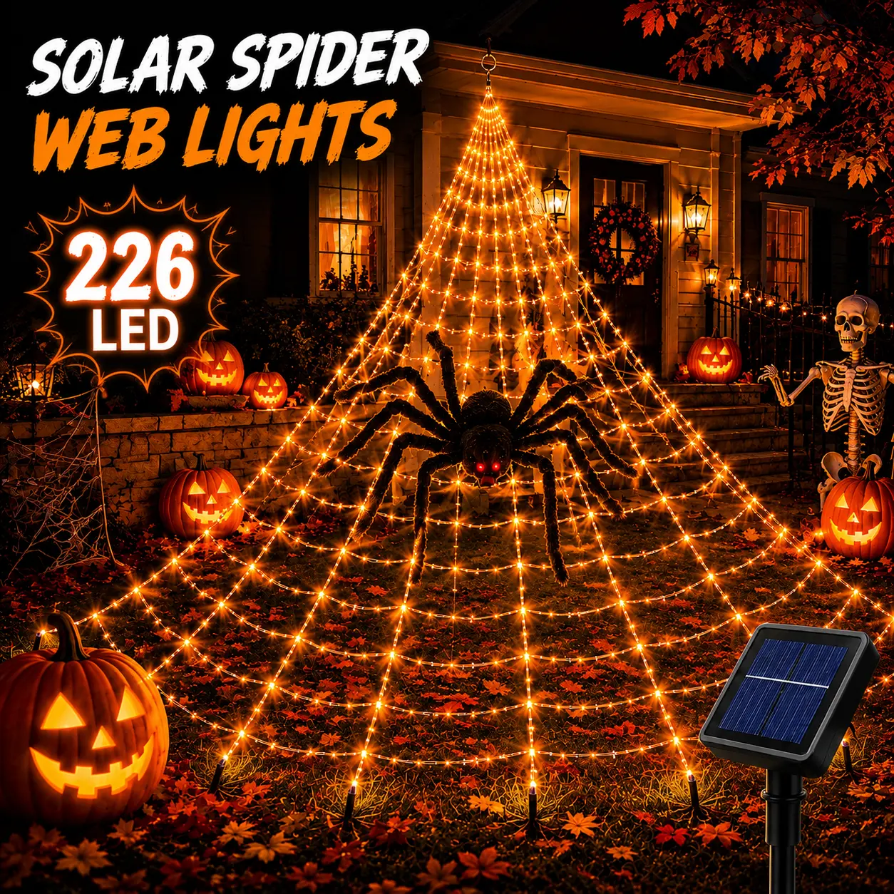 Halloween Solar Spider Web String Lights - 226 LED Illumination, 8 Lighting Modes, Large Spider Figure, Web Shape, Spooky Glow Decor for Gardens, Indoor/Outdoor Home Supplies