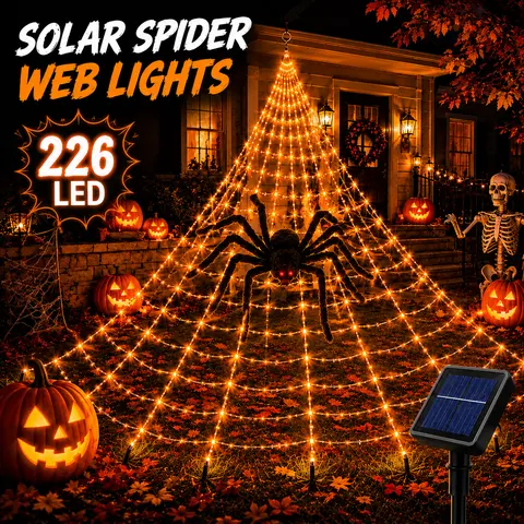 Halloween Solar Spider Web String Lights - 226 LED Illumination, 8 Lighting Modes, Large Spider Figure, Web Shape, Spooky Glow Decor for Gardens, Indoor/Outdoor Home Supplies