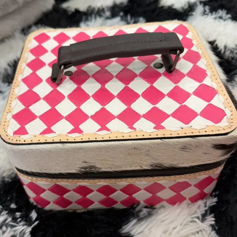 Medium-Size Pink and White Checkered Tooled Leather & Cowhide Jewelry Box