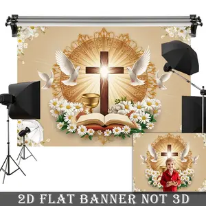 2D Flat Banner,1pc An elegant First Communion, a gold cross, white doves, polyester material, an open Bible, and floral decorations make for a great choice.