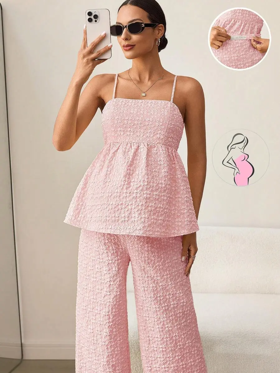 NANCY Maternity 2pcs Maternity Jacquard Ruffle Hem Camisole And Adjustable Waist Wide Leg Pants Set