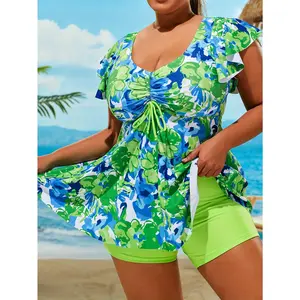 Plus Size Tankini Swimwear, Women's Casual Floral Print Two-Piece Swimsuit, Ruffle Sleeve With Tie Front Detail